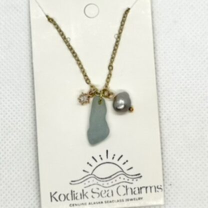 Gold Seaglass Necklace with CZ star and pearl